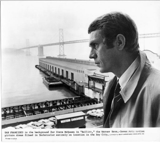 Frank Bullitt (Steve McQueen) with San Francisco Bay in the background.